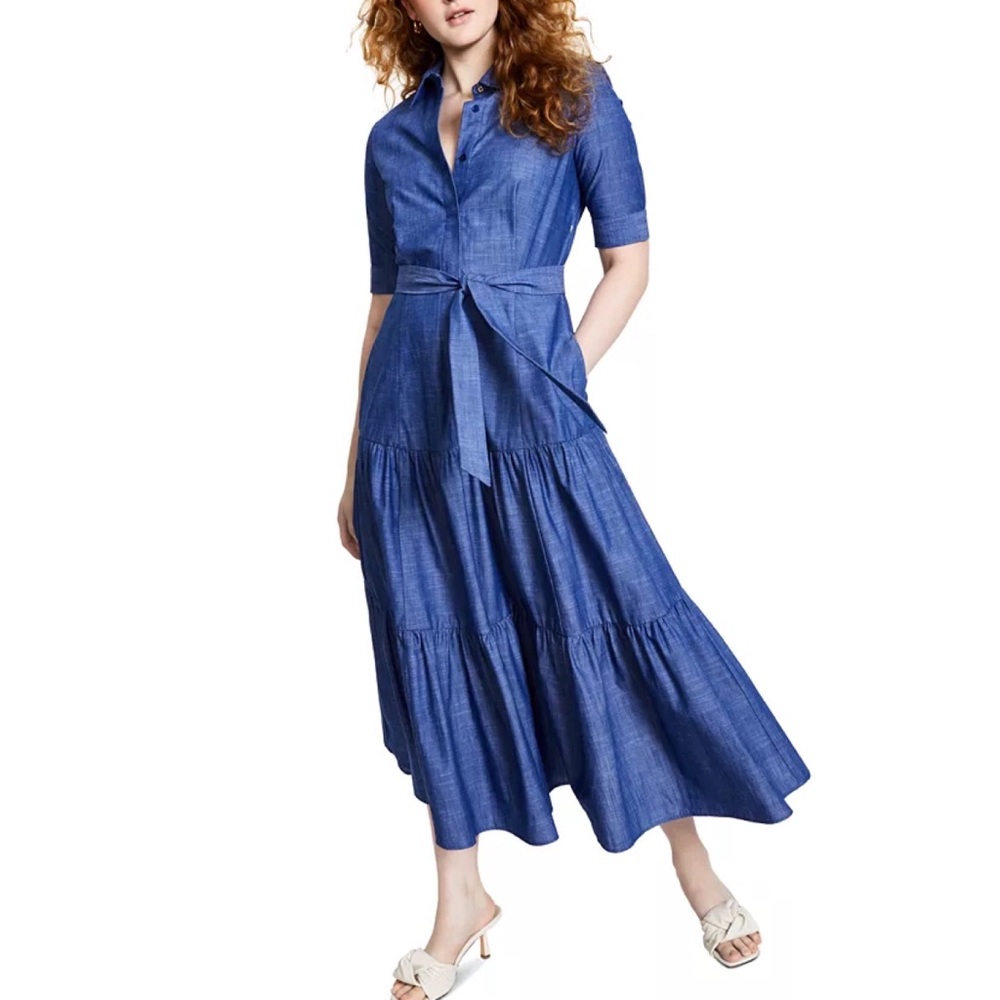 Calvin Klein collared chambray tiered midi shirt dress with pockets